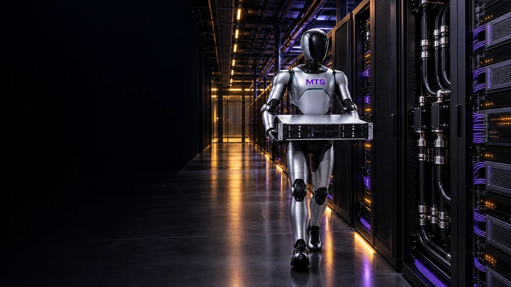 Concept illustration: MTS-branded robot carrying a server through a data-centre aisle.